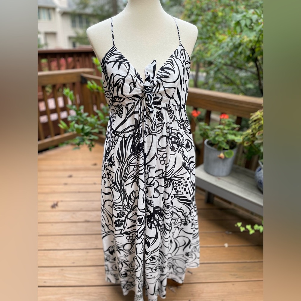 Zara Black White Floral Strappy Bow Linen Midi Dress Large